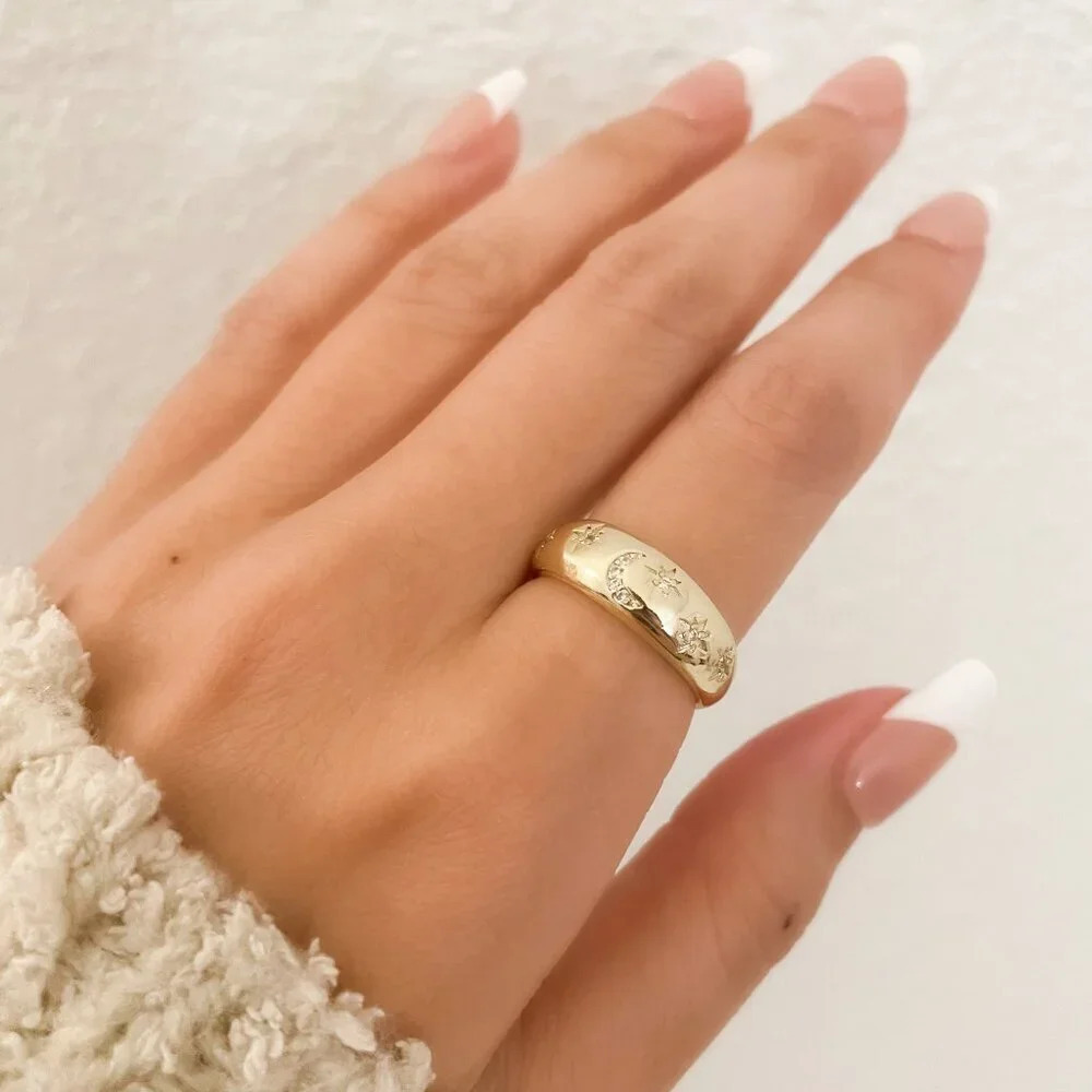 925 Sterling Silver Moon & Star Ring Gold Ring Band Celestial Ring Moon Ring - Picture 6 of 8